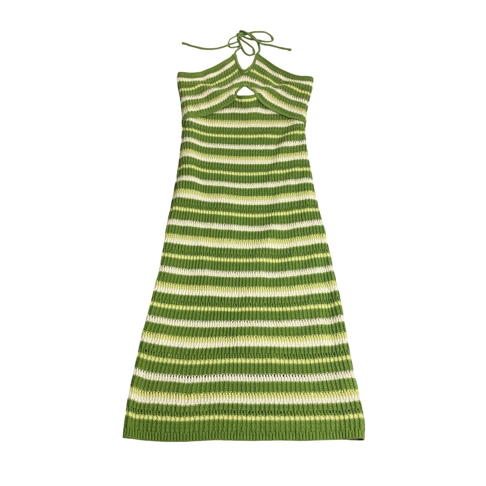 Sincerely Jules Y2K Halter Dress Womens L Green Striped‎ Crochet Midi Keyhole